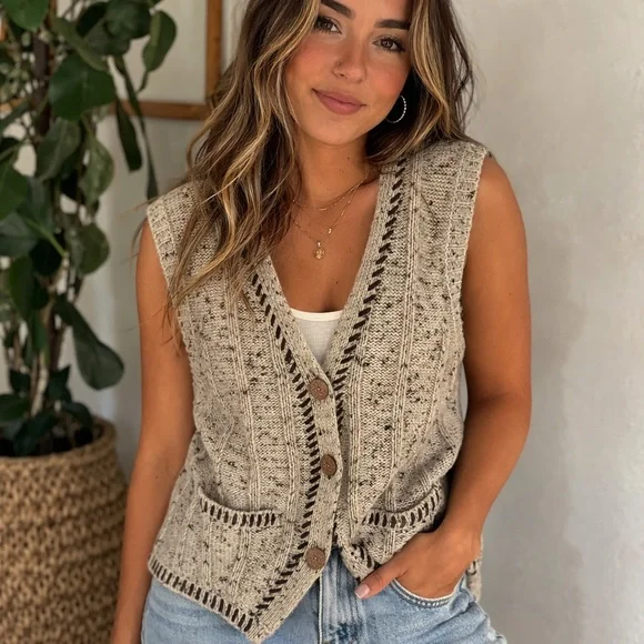 IVY Speckled Knit Sweater Vest Rustic Buttons Pockets Cottagecore L - Picture 1 of 5